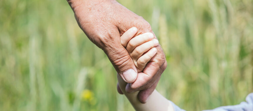 Hands closeup of a small child and an elderly person to stay together